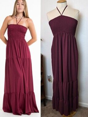 🚨NEW CUPSHE Burgundy Red Smocked Tie Neck Tiered Maxi Dress Beach Vacation Sz L
